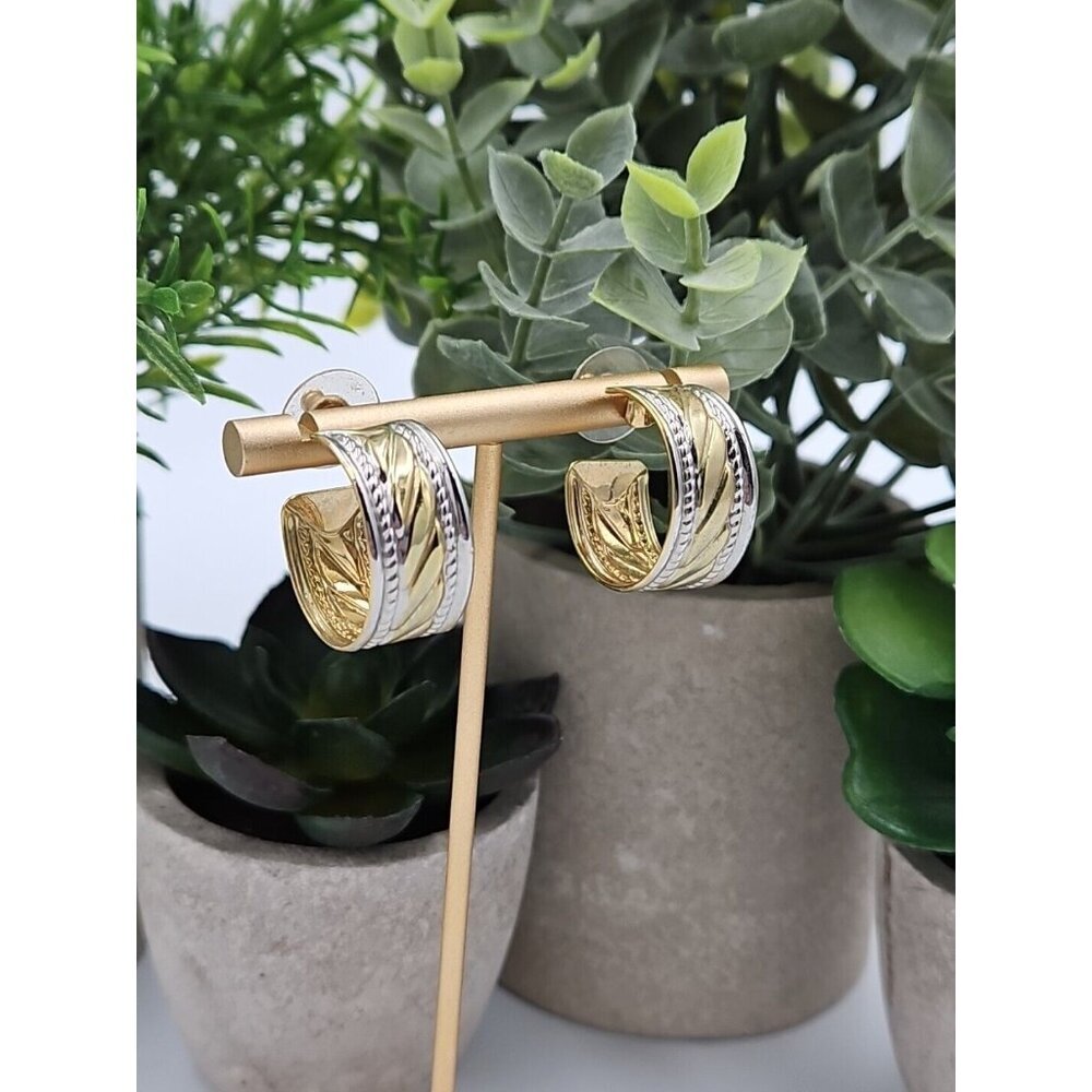 Vintage Mixed Metals Textured Hoop‎ Earrings Post Back
